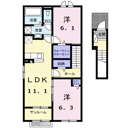 ローズ ガーデン 大野 B(2LDK/2階)の間取り写真