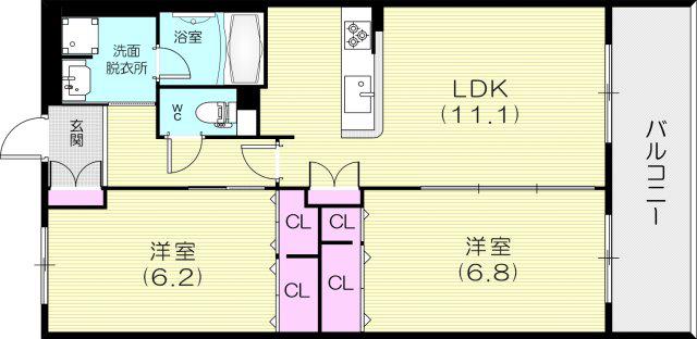 ロワゾブルー神戸住吉(2LDK/4階)の間取り写真
