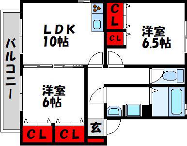 セジュール赤間駅前E棟(2LDK/2階)の間取り写真