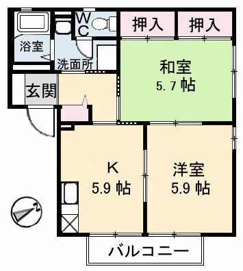 ディアスすぎB棟(2K/1階)の間取り写真