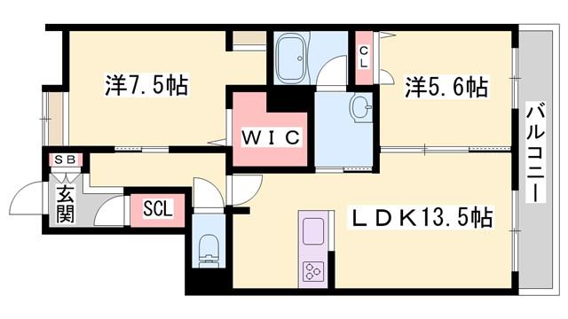 オカバ姫路岡町シャーメゾン(2LDK/2階)の間取り写真
