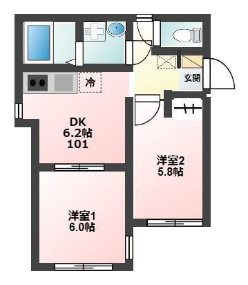 GLANZ碑文谷 101(2DK/1階)の間取り写真
