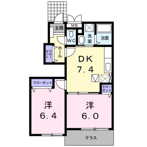 インテリオールB(2DK/1階)の間取り写真