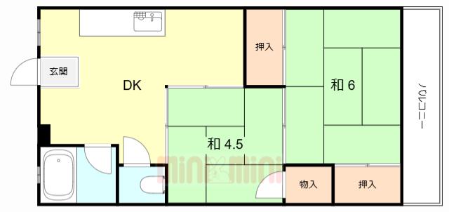 阪神本線 千船駅 徒歩7分 4階建 築46年(2DK/3階)の間取り写真