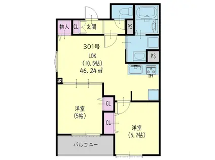 クリエオーレ大庄北(2LDK/1階)の間取り写真