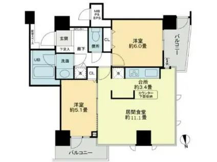 クロスレジデンス大阪新町(2LDK/12階)の間取り写真