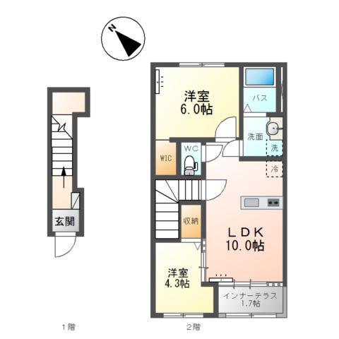 岡部アパート(2LDK/2階)の間取り写真