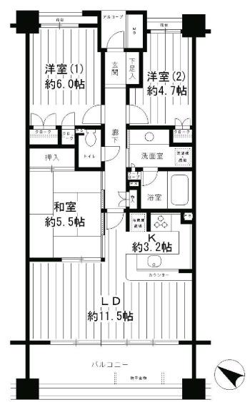 パーク・ホームズ二子多摩川フェアアリーナ(3LDK/4階)の間取り写真