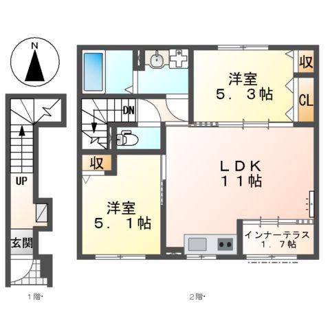 大治町西條アパート(2LDK/2階)の間取り写真