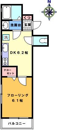 Kフラット(1DK/3階)の間取り写真