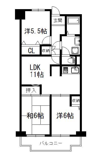 ユニ宇治マンション1号館(3LDK/2階)の間取り写真