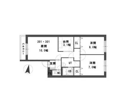 グランメール ほしみB(2LDK/2階)の間取り写真