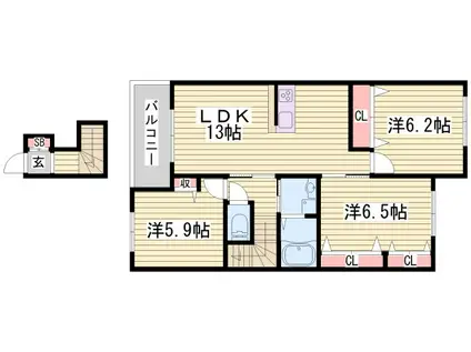 シャーメゾン南条B棟(3LDK/2階)の間取り写真