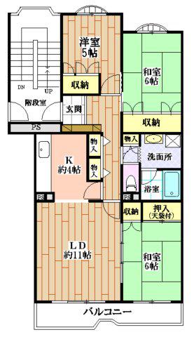 三芳団地1号棟(3LDK/4階)の間取り写真