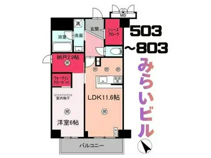 みらいビル(1LDK/8階)の間取り写真