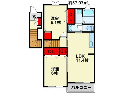 フェリオC(2LDK/2階)の間取り写真
