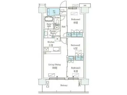 スカイグランデ津田沼(2SLDK/3階)の間取り写真