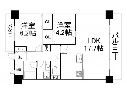リッチハイムアルテ上本町(2LDK/7階)の間取り写真