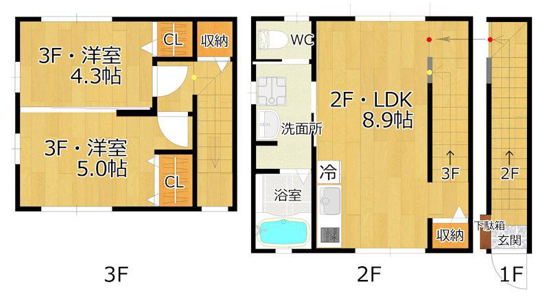 シェシャンフルール若林(2LDK/2階)の間取り写真
