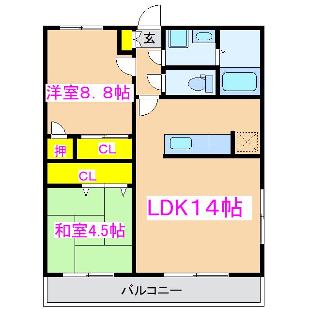 サンハイツ西原台(2LDK/2階)の間取り写真