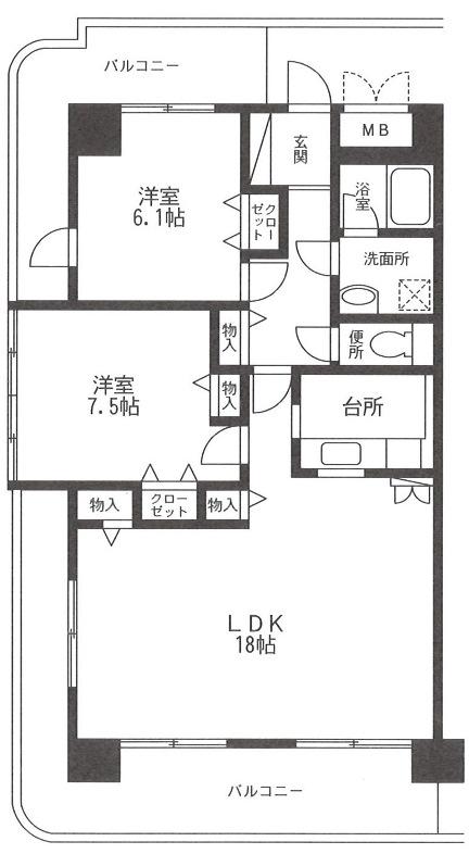 東武伊勢崎線 越谷駅 徒歩8分 8階建 築21年(2LDK/2階)の間取り写真