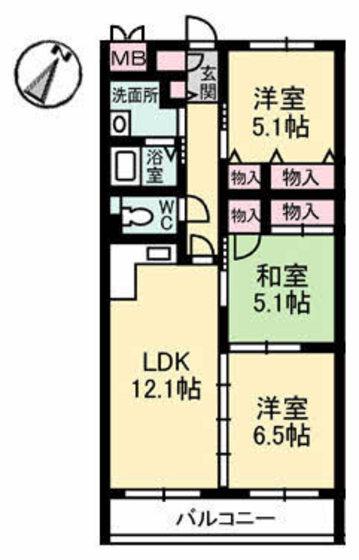 グランリューくるめ木(3LDK/3階)の間取り写真