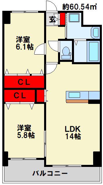 ビッグファミリー葛原(2LDK/7階)の間取り写真