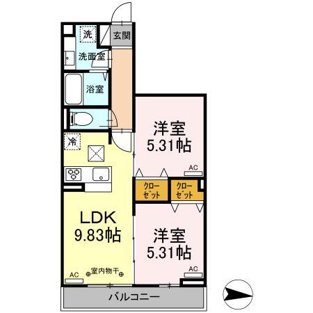 ヴィルソレイユ西荻I・II II(2LDK/2階)の間取り写真