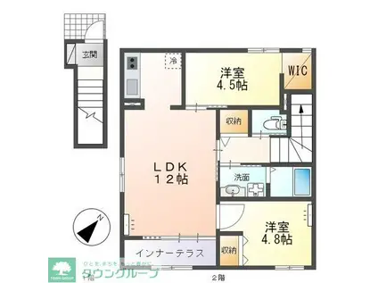 フロレゾン柏FLORAISON KASHIWA(2LDK/2階)の間取り写真