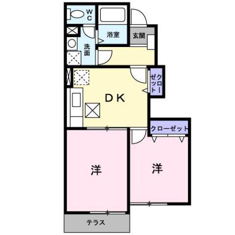 ハナミズキA(2DK/1階)の間取り写真
