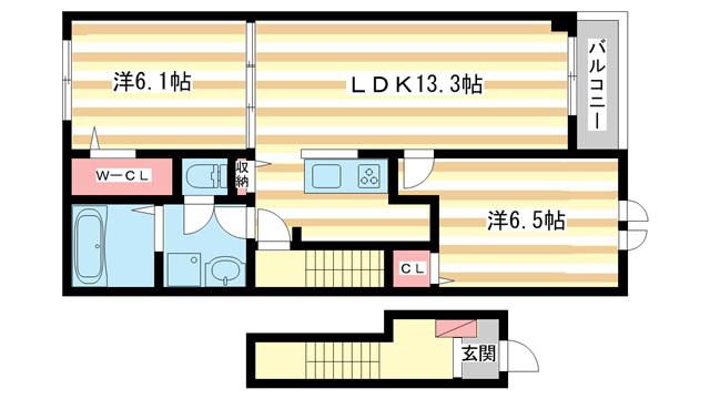 グランディール富雄南(2LDK/2階)の間取り写真
