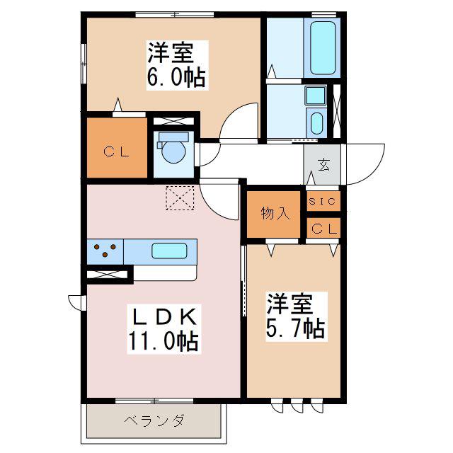パーシモンA(2LDK/1階)の間取り写真
