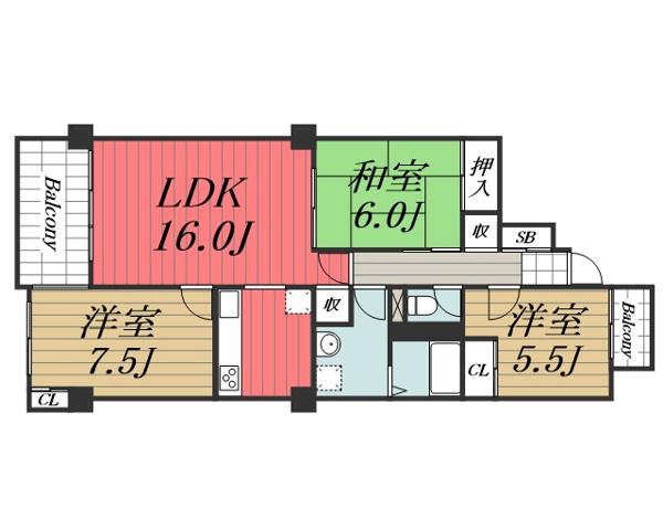 ヴィラ園生(3LDK/4階)の間取り写真