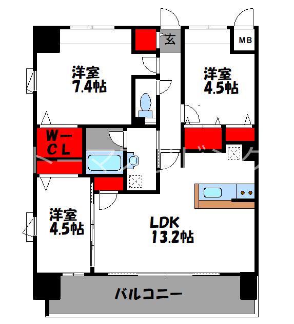 CINQ IWASE BLD(3LDK/13階)の間取り写真