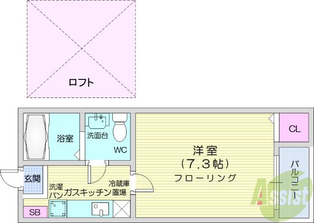 ユエヴィ台原(1K/2階)の間取り写真