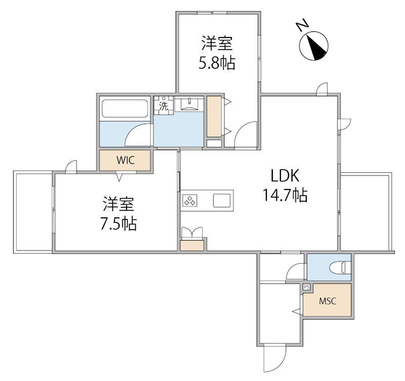 パークアヴェニュー湘南辻堂 北棟(2LDK/2階)の間取り写真