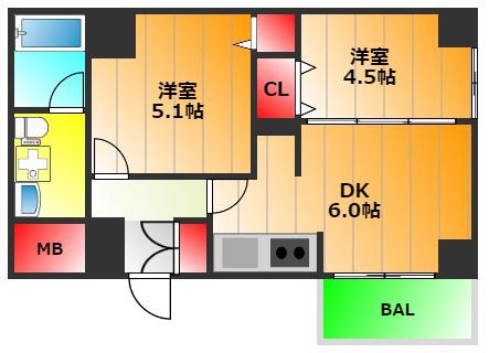 ゼウス難波キューブ(2DK/11階)の間取り写真