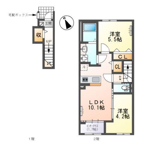 白河市中田アパート(2LDK/2階)の間取り写真