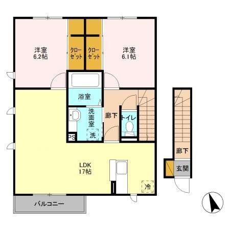 ハーリンガムコート都賀 A(2LDK/2階)の間取り写真