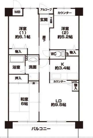 エレガンス寿 B棟(3LDK/1階)の間取り写真