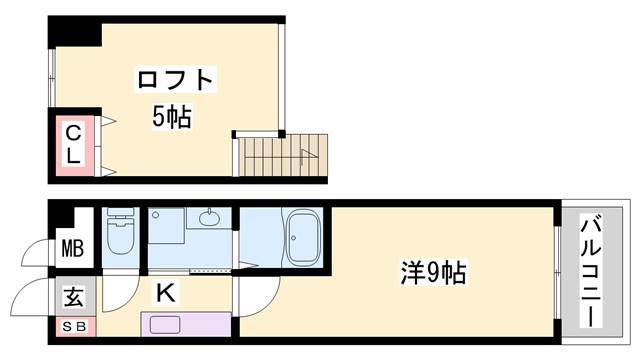 ベルフラワー山野井(1K/2階)の間取り写真