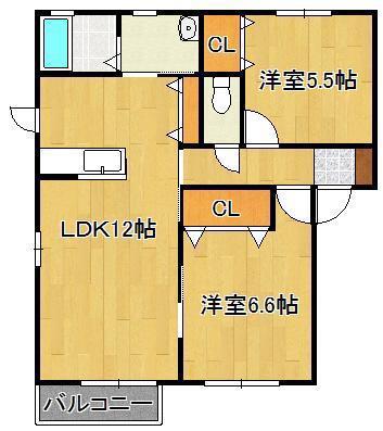 ユタカの里B棟(2LDK/2階)の間取り写真