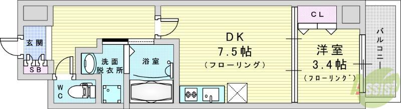 リブネスコート江坂Ⅱ(1DK/3階)の間取り写真