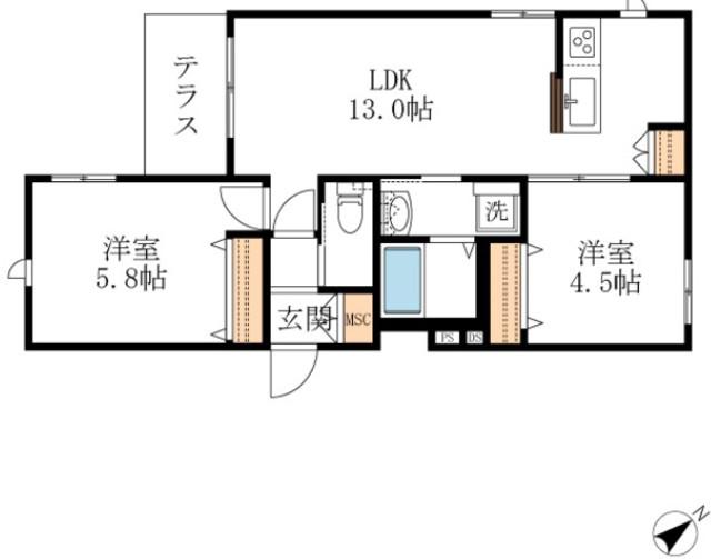 DOビル北栄ヘーベルメゾン(2LDK/1階)の間取り写真