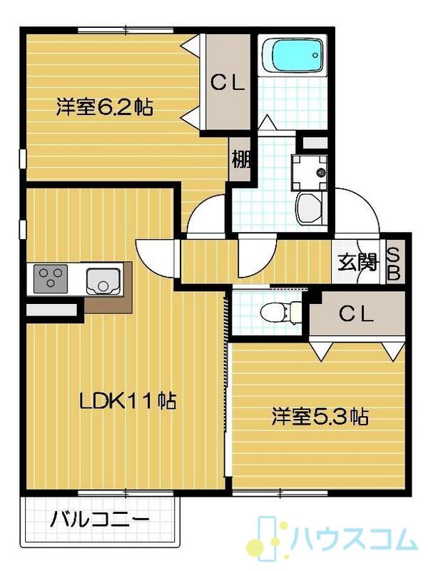 メル・ベイユB棟(2LDK/2階)の間取り写真