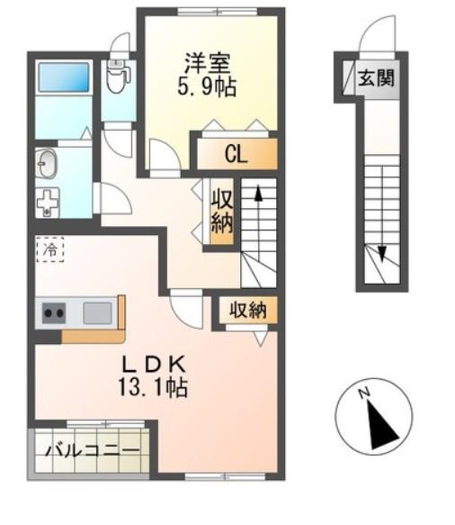 ROSE TERRACE(1LDK/2階)の間取り写真