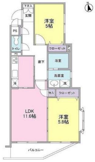 サンフラッツ山手(2LDK/1階)の間取り写真