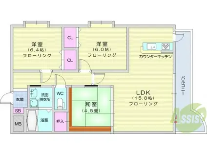 カーレヂ三浦Ⅱ(3LDK/5階)の間取り写真