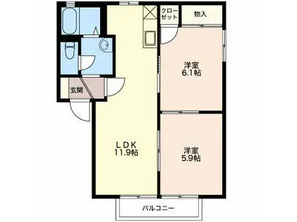 ガーデンタウン城所B棟(2LDK/2階)の間取り写真