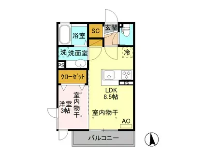 D-ROOM シャインヒルズ城山205(1LDK/2階)の間取り写真